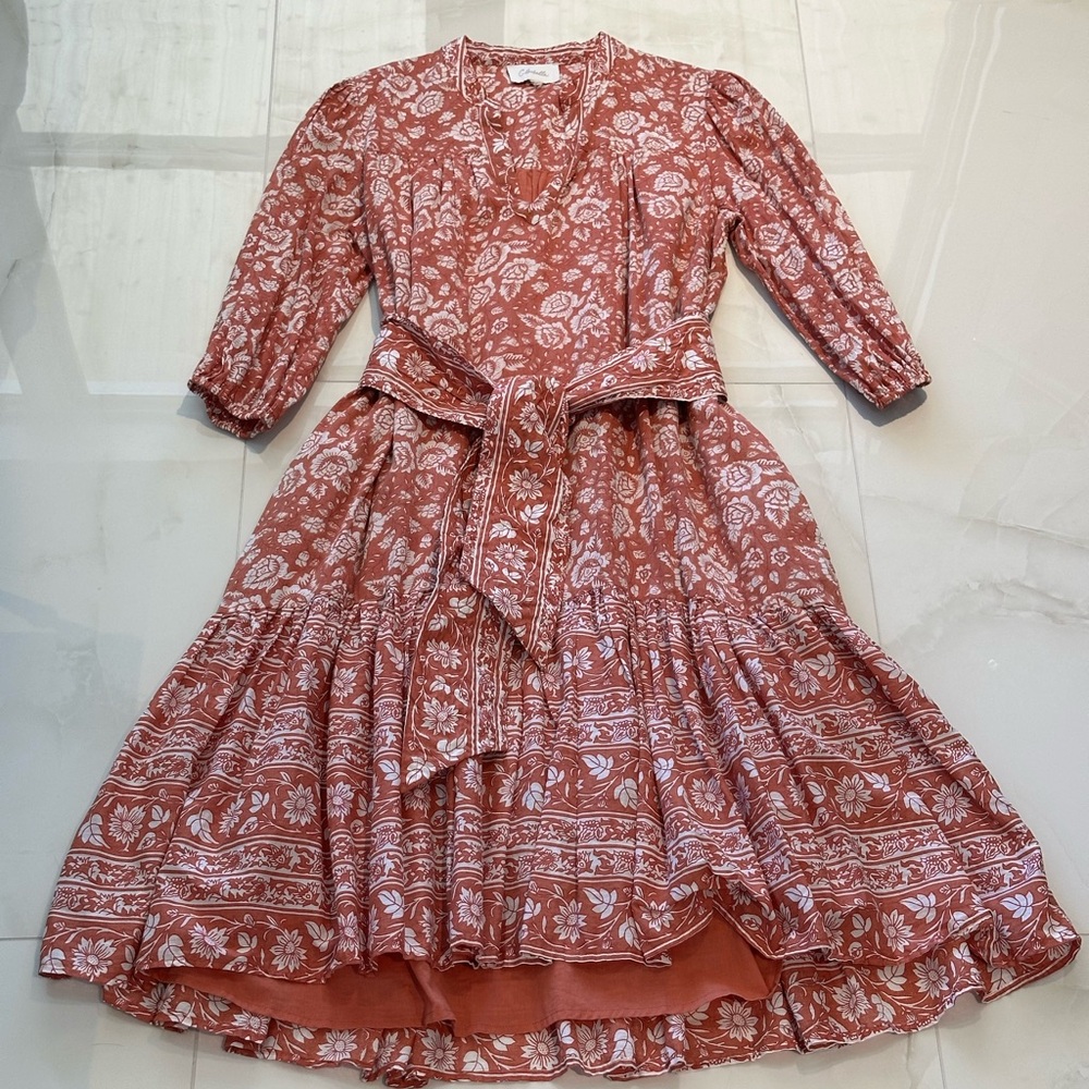 Cleobella Terracotta Bohemian Floral print Midi Dress Size Small